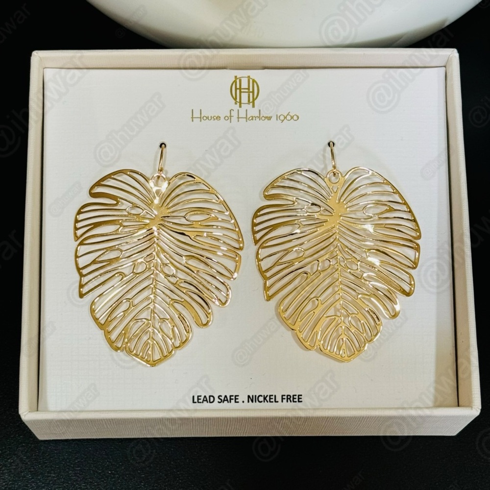 HOUSE OF HARLOW 1960 Gold Tone Palm Leaf Dangle Earrings